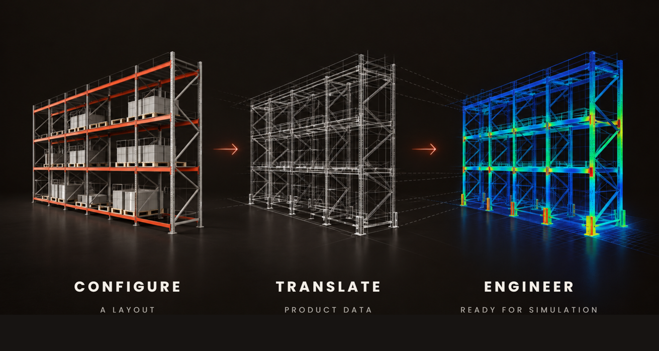 Tres vistas de la misma configuración de estantería: producto renderizado, wireframe de ingeniería y simulación de carga estructural codificada por colores