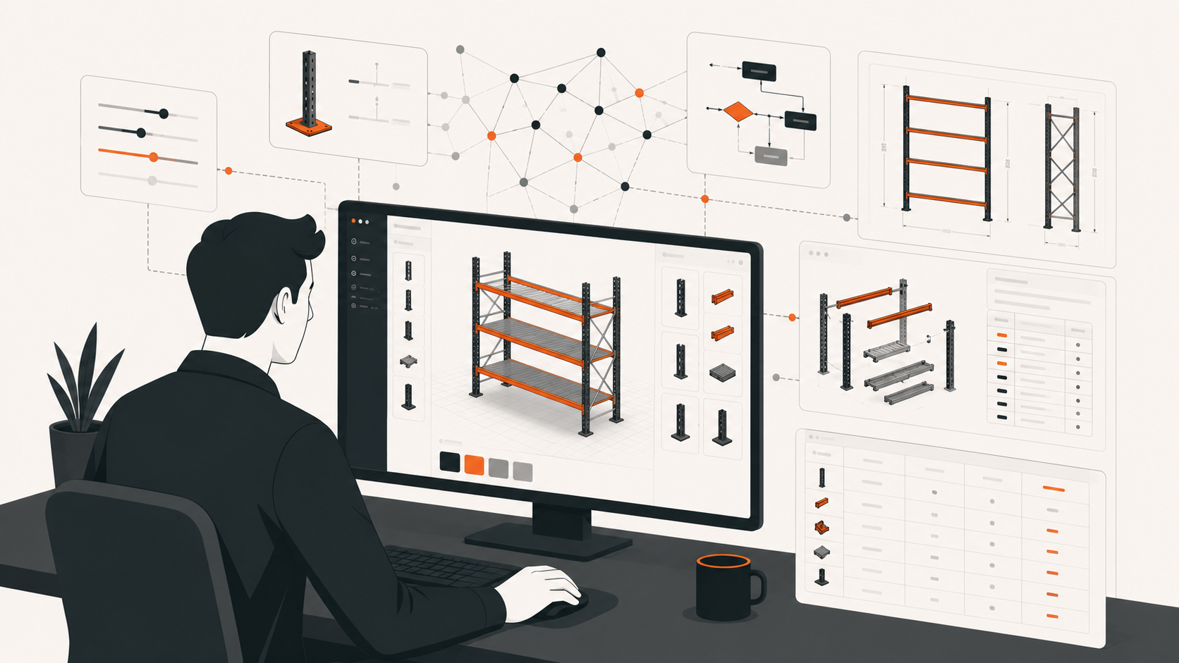 Diagramma esploso a tre livelli: scaffalature di magazzino, configuratore su laptop, tablet e telefono, e livello dati e integrazioni collegato